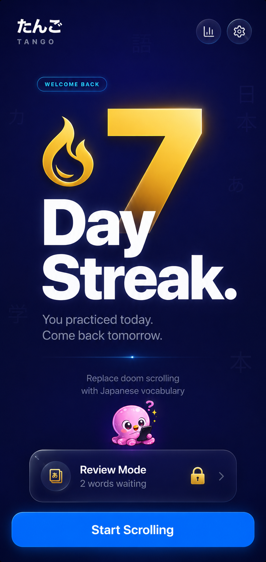 Tango app showing Day 7 Streak learning interface