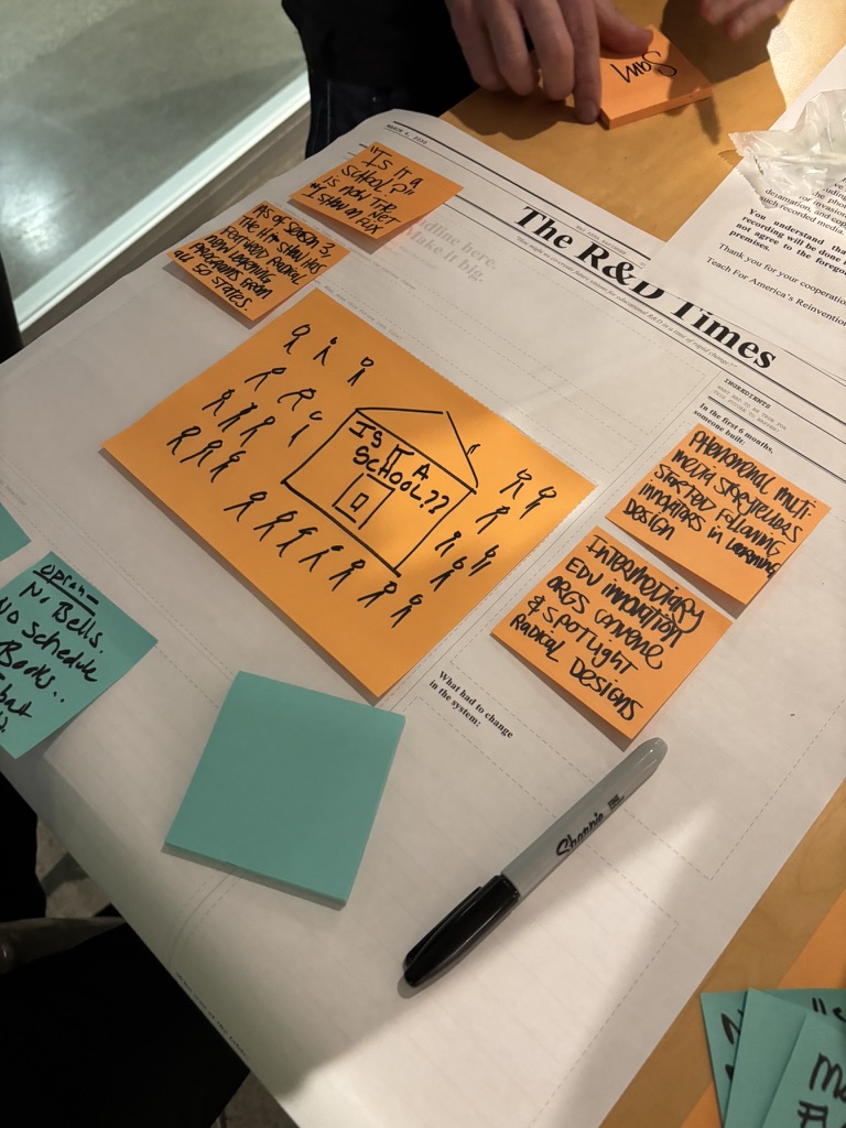 The R&D Times newspaper template with orange sticky notes showing ideas