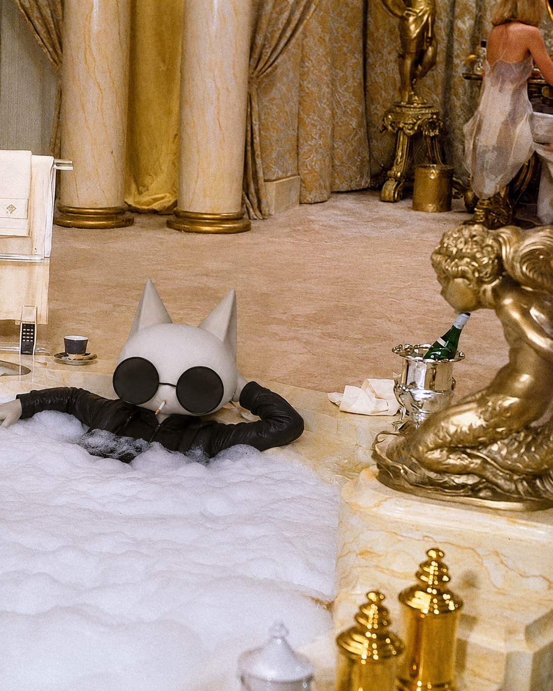 Wisker in a marble bathtub with champagne, leather jacket, cigarette.