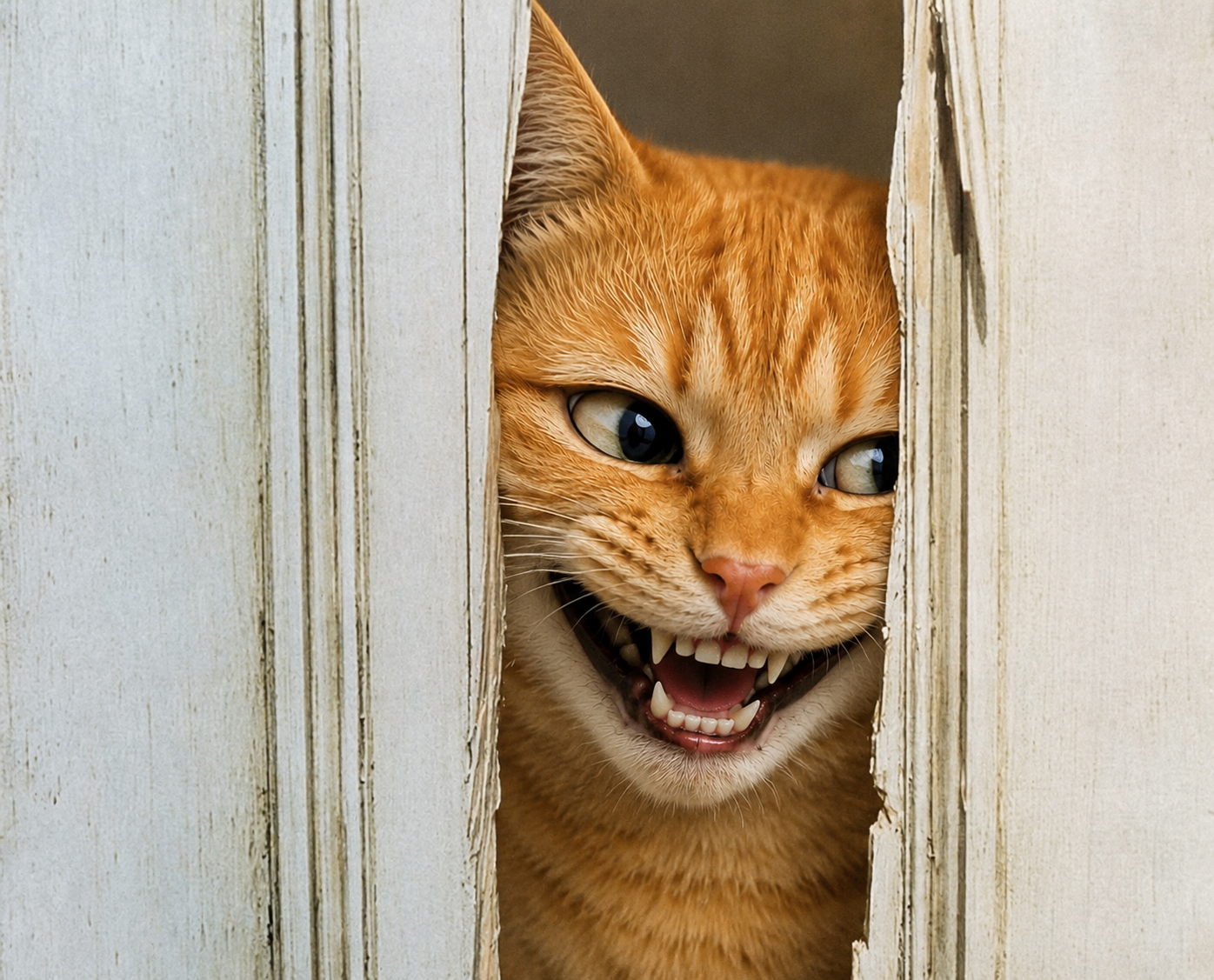 EvilCat peeking through broken door