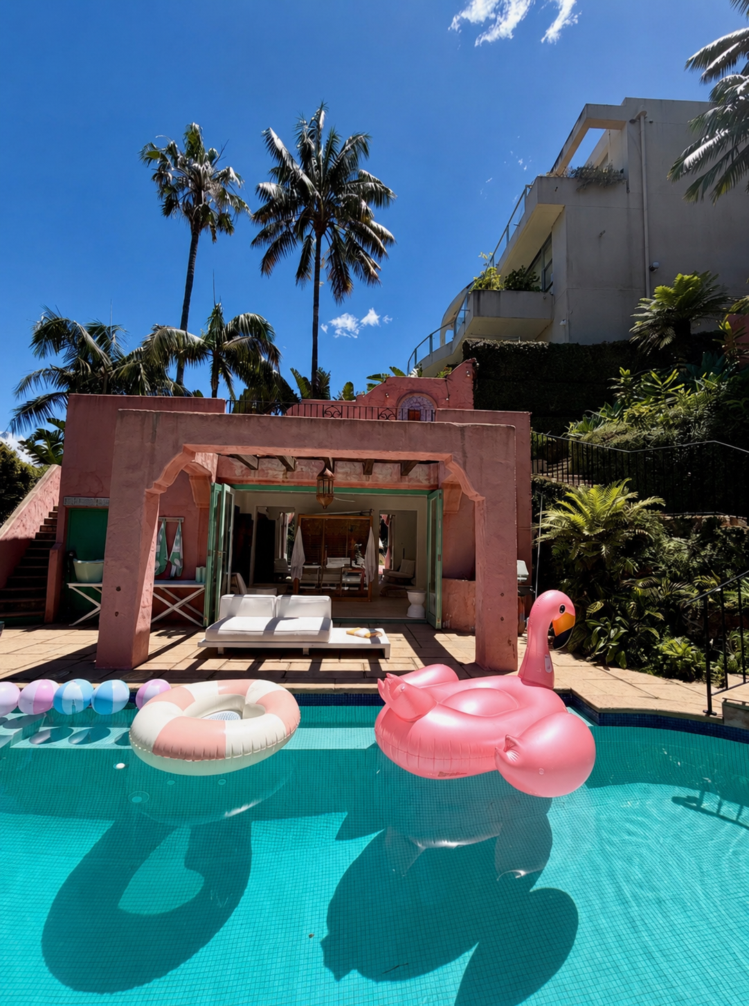 Turquoise pool with pink flamingo float and pool rings, pink Spanish Mission poolhouse with green trim beneath palm trees