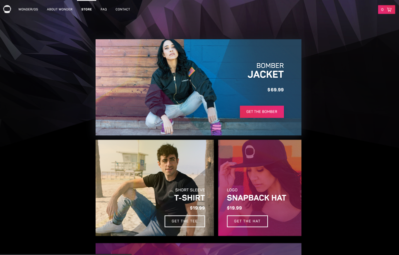 Wonder Store page with merchandise - Bomber Jacket, T-Shirt, and Snapback Hat