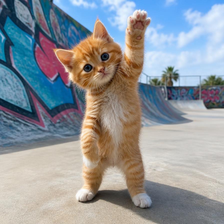 Kitten raising its paw at skatepark