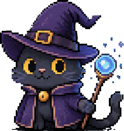 Pixel-art black cat wizard with a witch hat and glowing staff