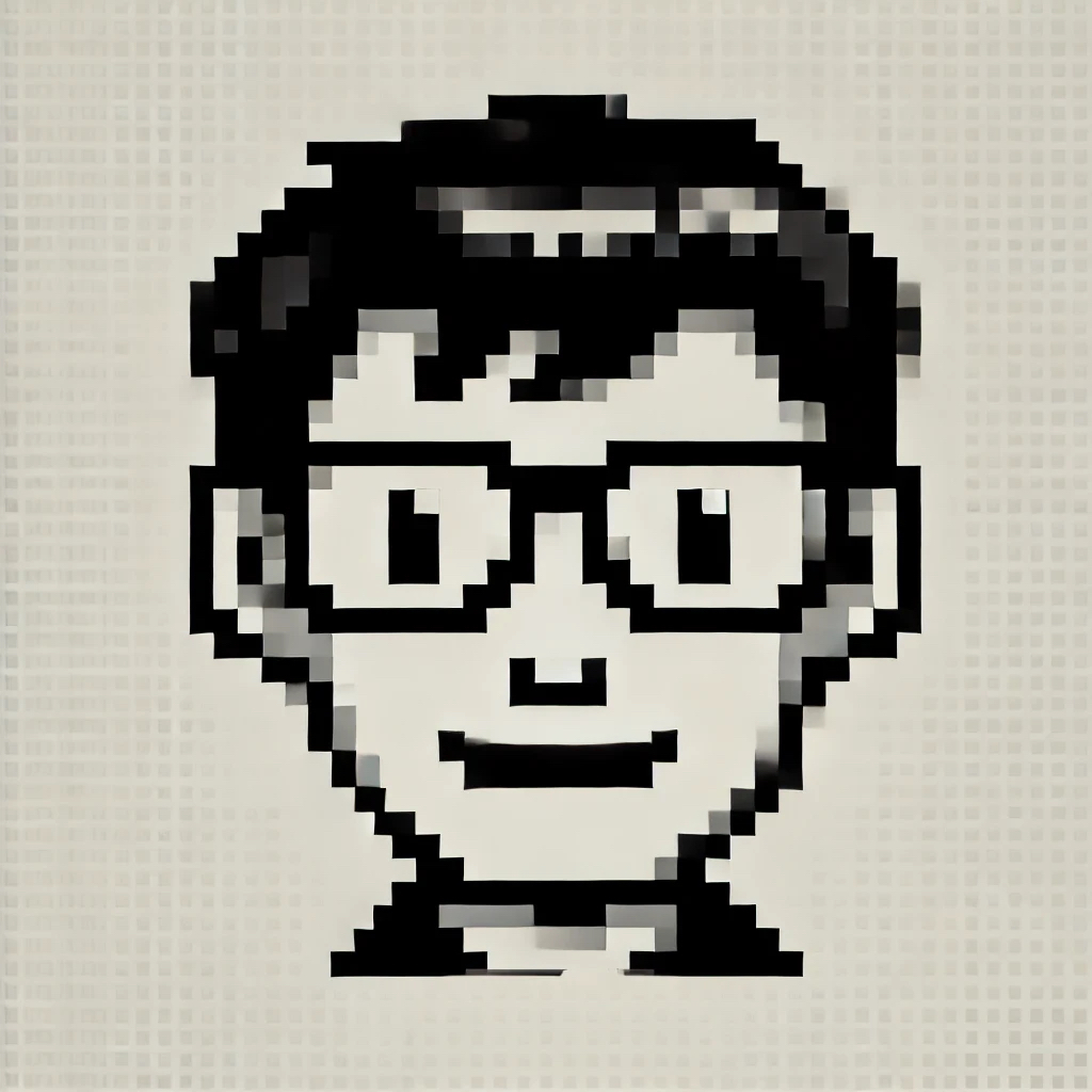 A pixelated black and white avatar with glasses in 8-bit style