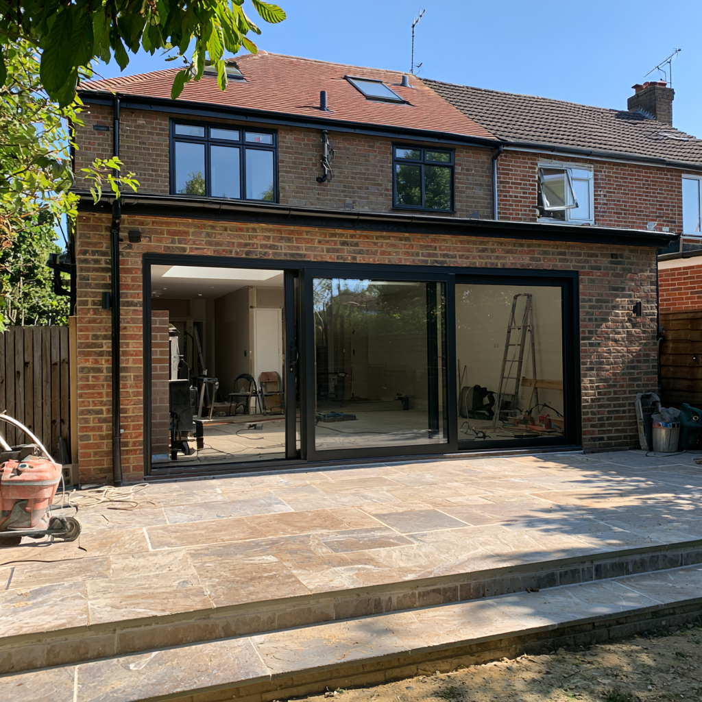 5m ground-floor extension with sandstone patio in Hertfordshire