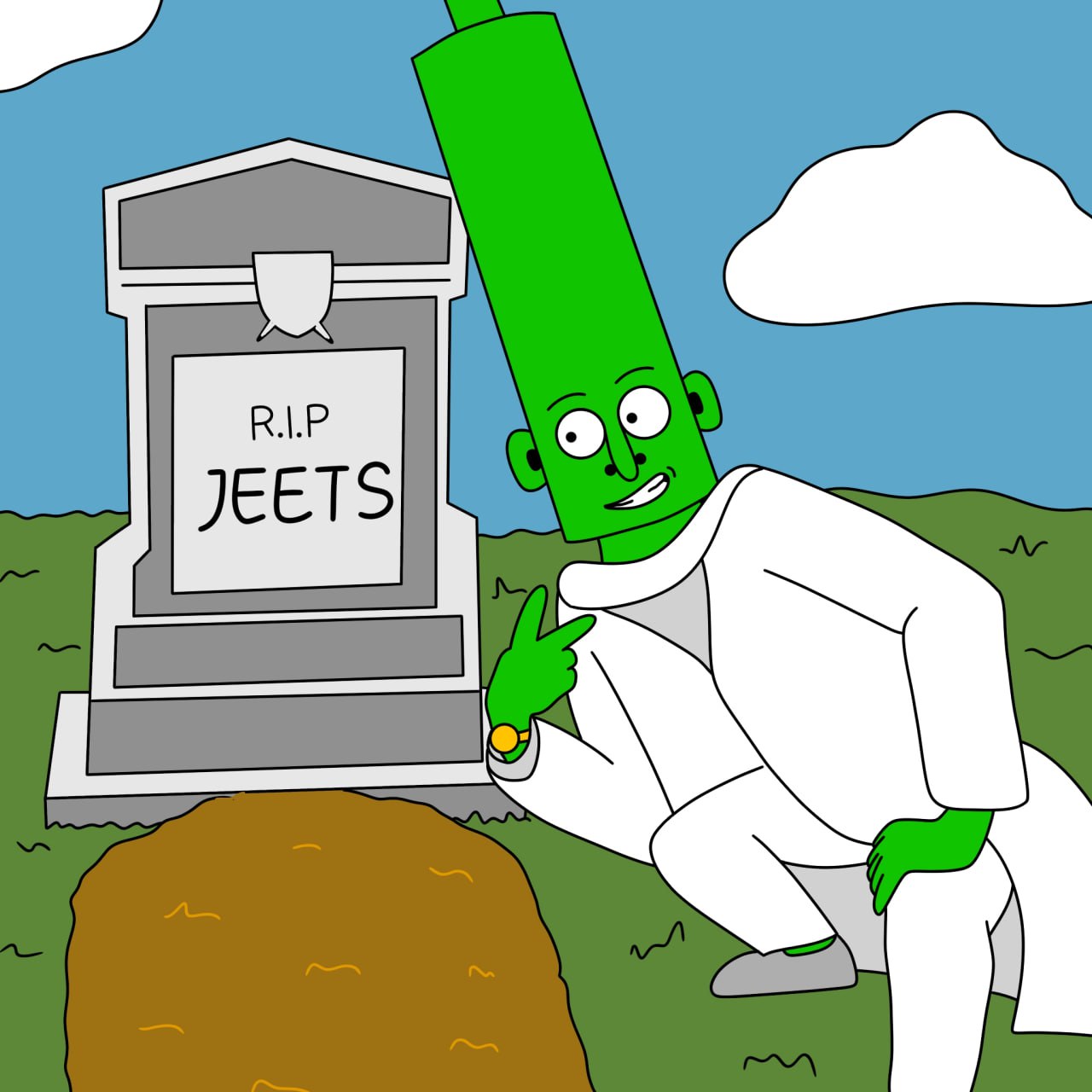 Fred kneeling by RIP JEETS gravestone