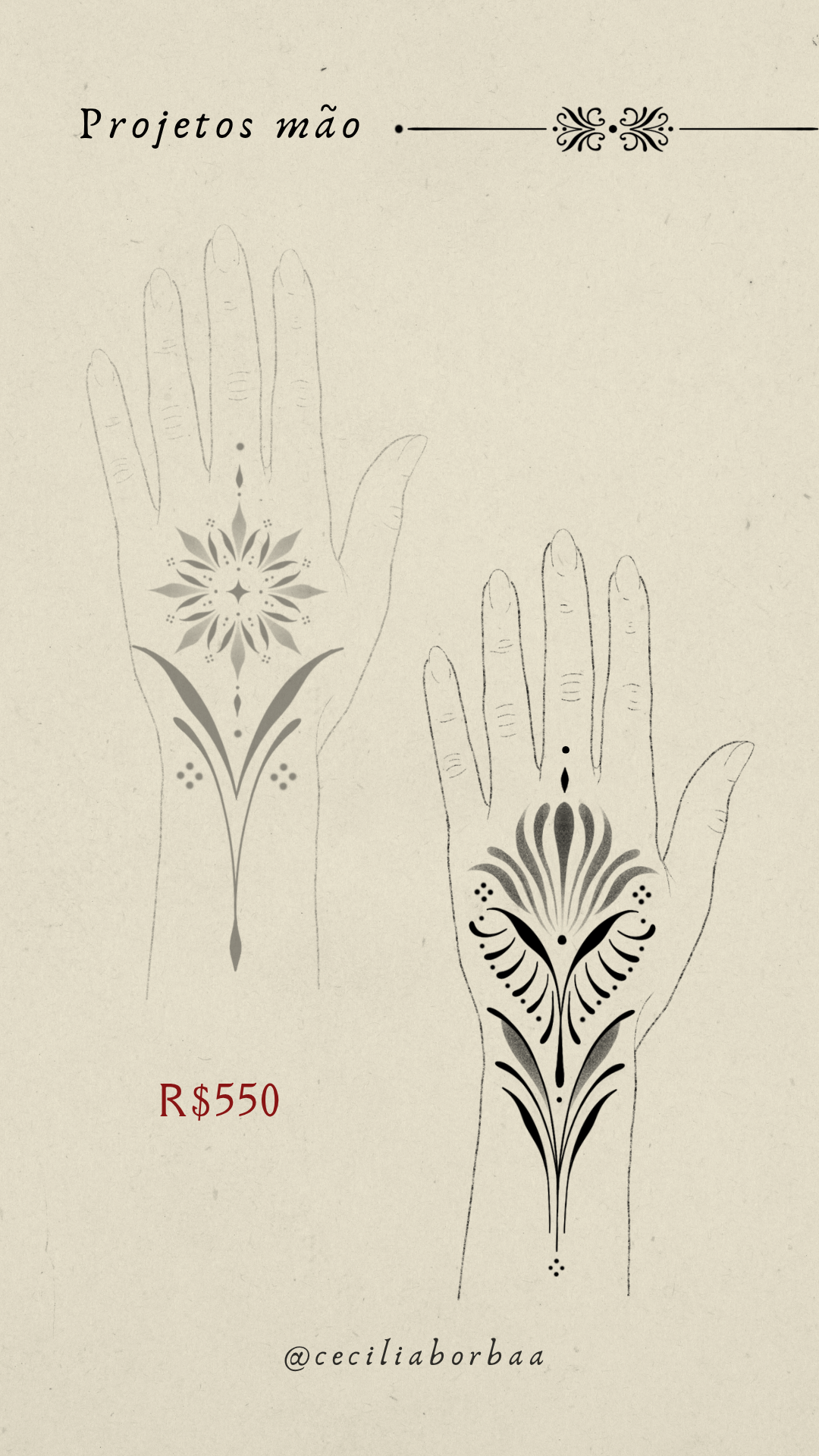 Dois projetos de dorso de mão: um com mandala floral e outro com padrão de asas e olho — Projetos para mão por Cecília Borba