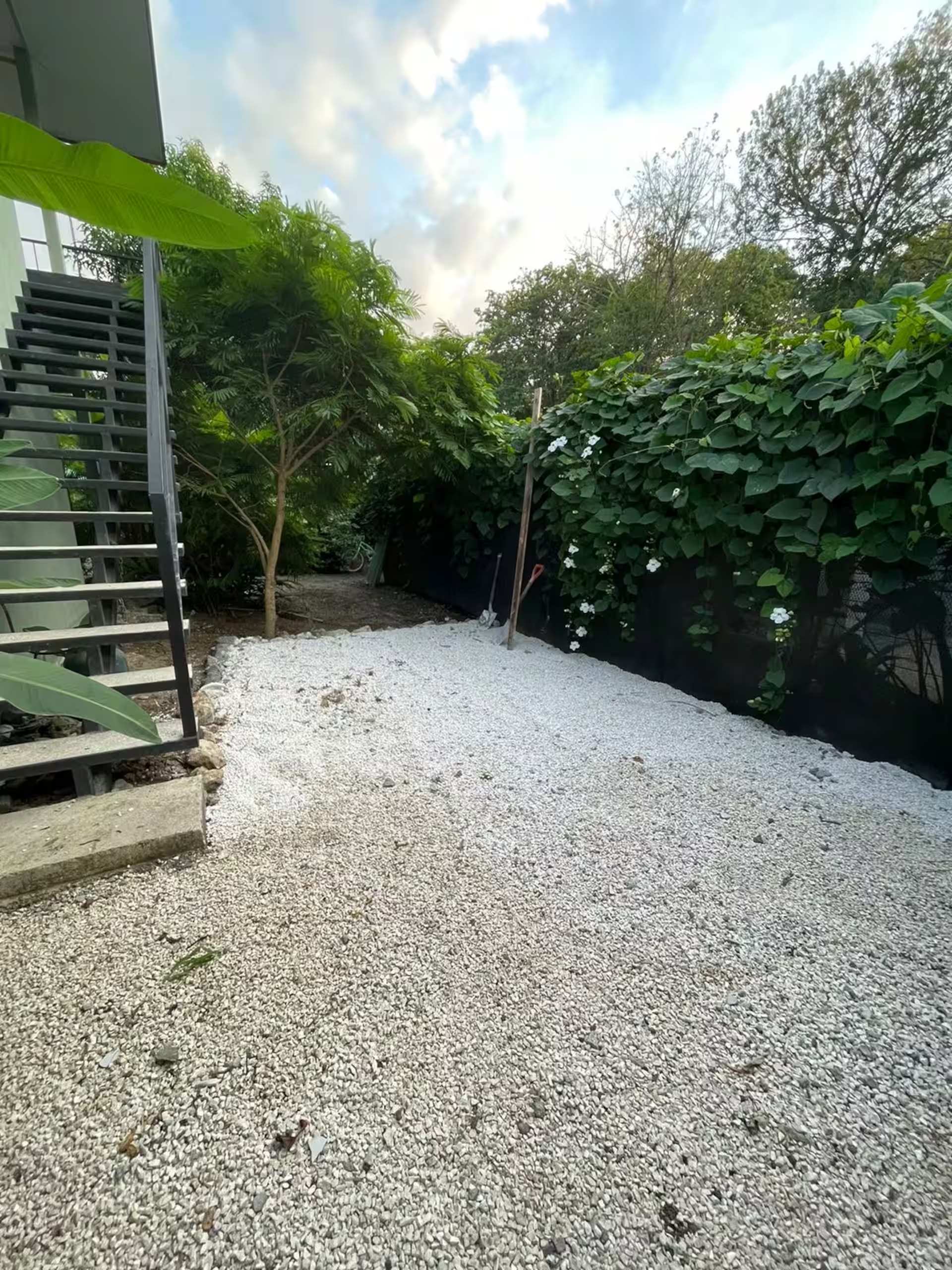 Outdoor parking area with gravel courtyard and tropical greenery