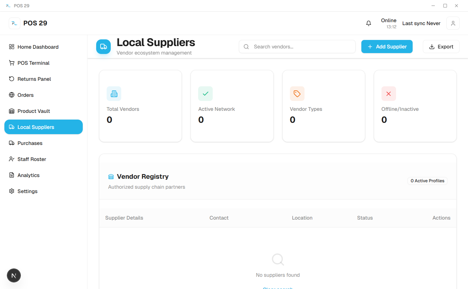 Local Suppliers screen showing vendor registry with total vendors, active network and vendor type metrics