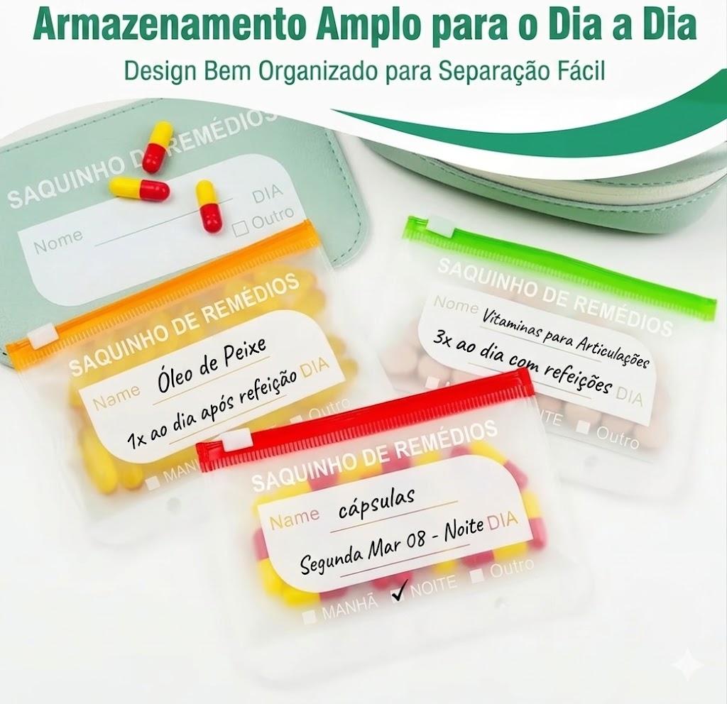 Etiquetas regraváveis nos sachês do organizador de comprimidos
