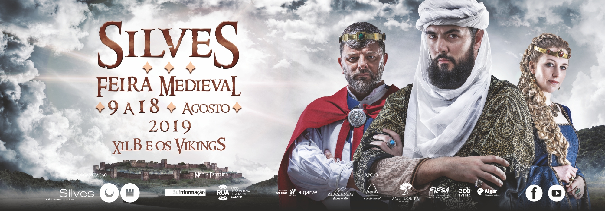 Silves Feira Medieval poster showing medieval characters and the castle, 9 to 18 August