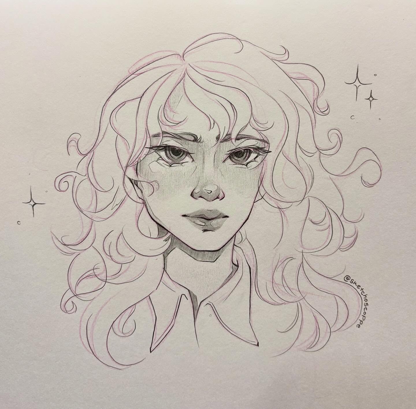 Pencil sketch of a girl with curly hair