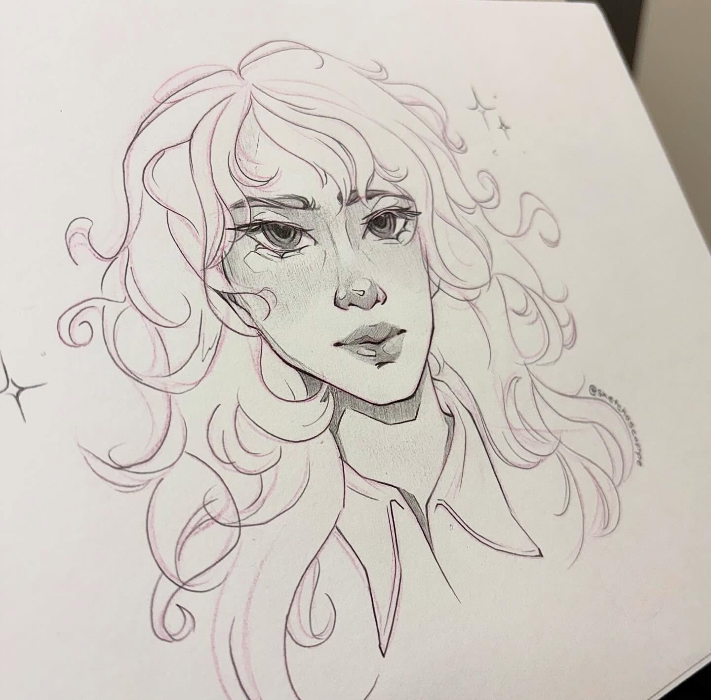 Pencil sketch of a girl with curly hair, angled view