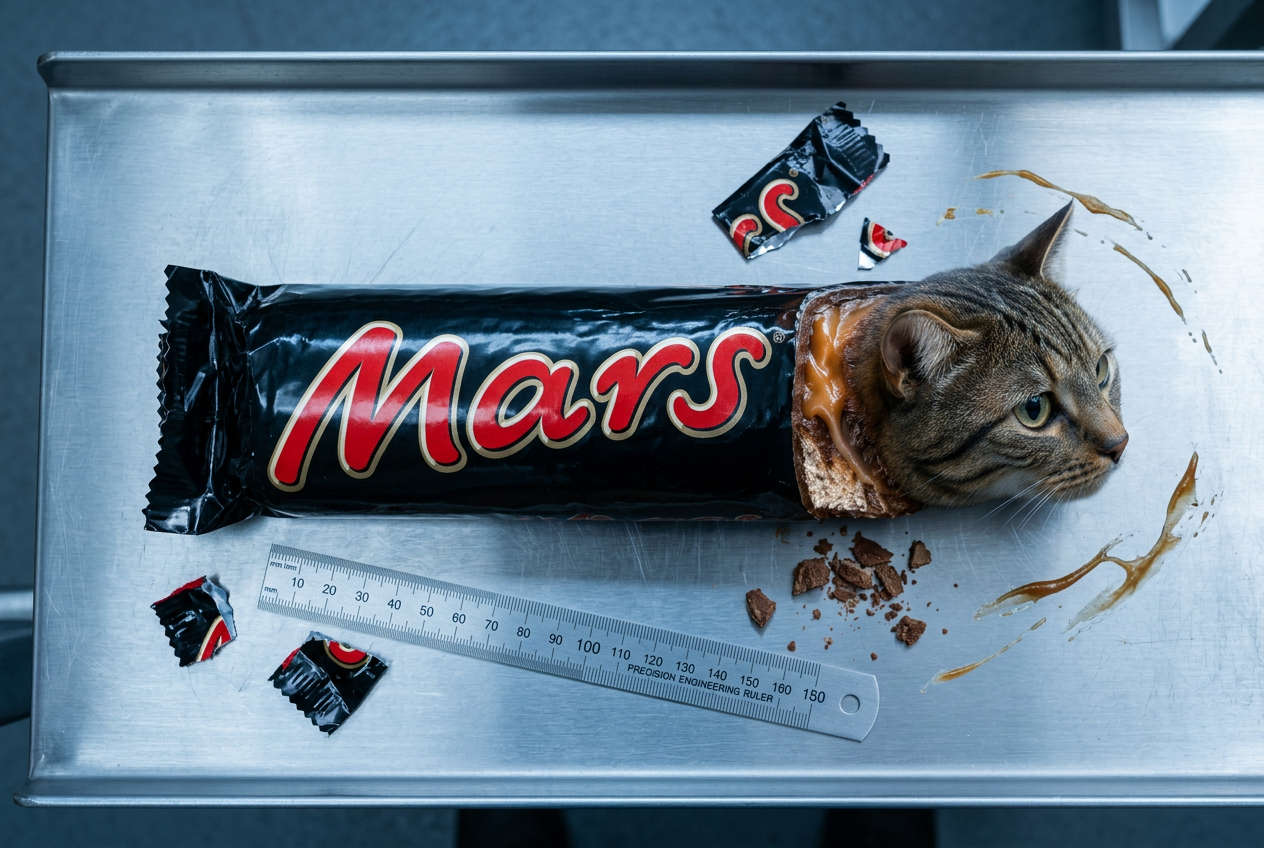 Mars Cat wrapper inspection — close-up on brown surface