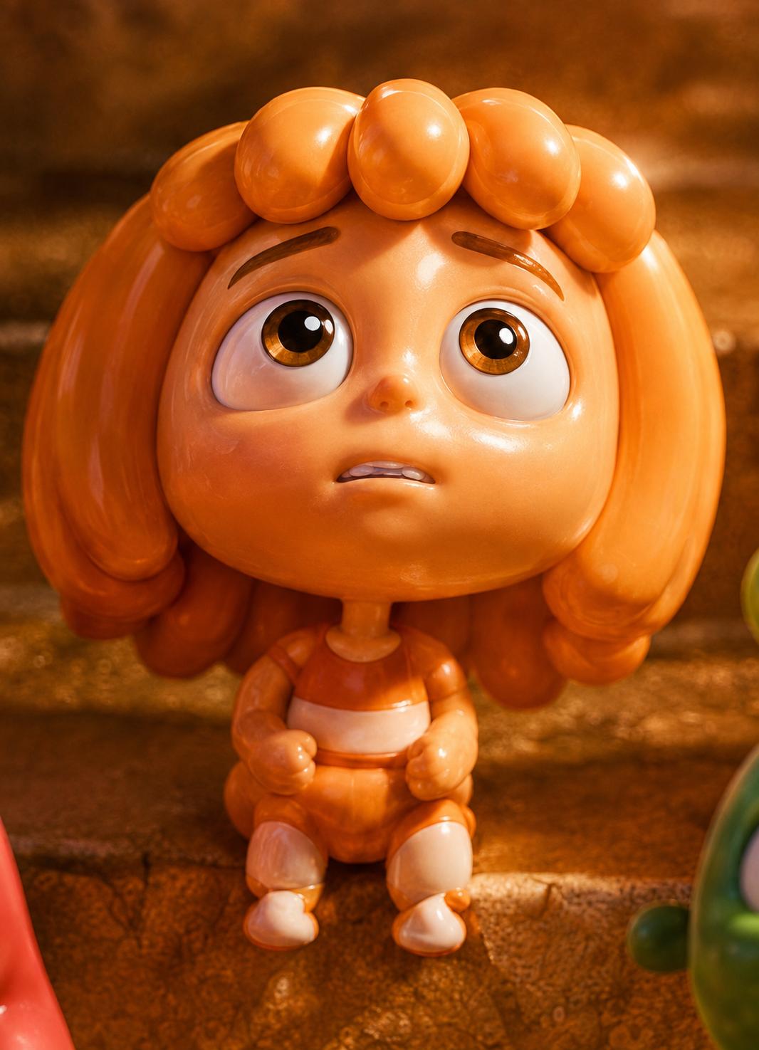 An orange Balloonites character with large expressive eyes