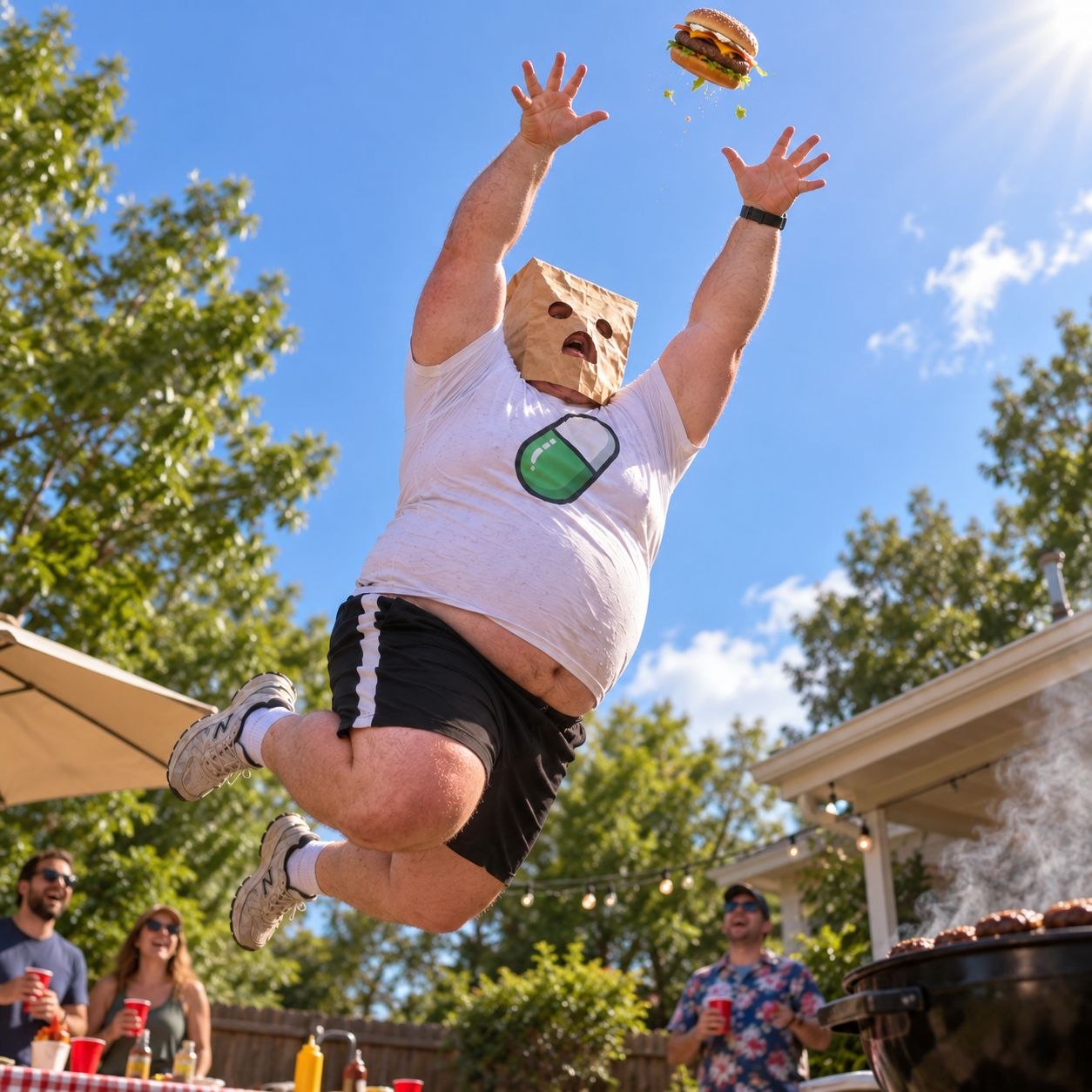 Anonymous Runner jumping to catch a burger at a backyard barbecue