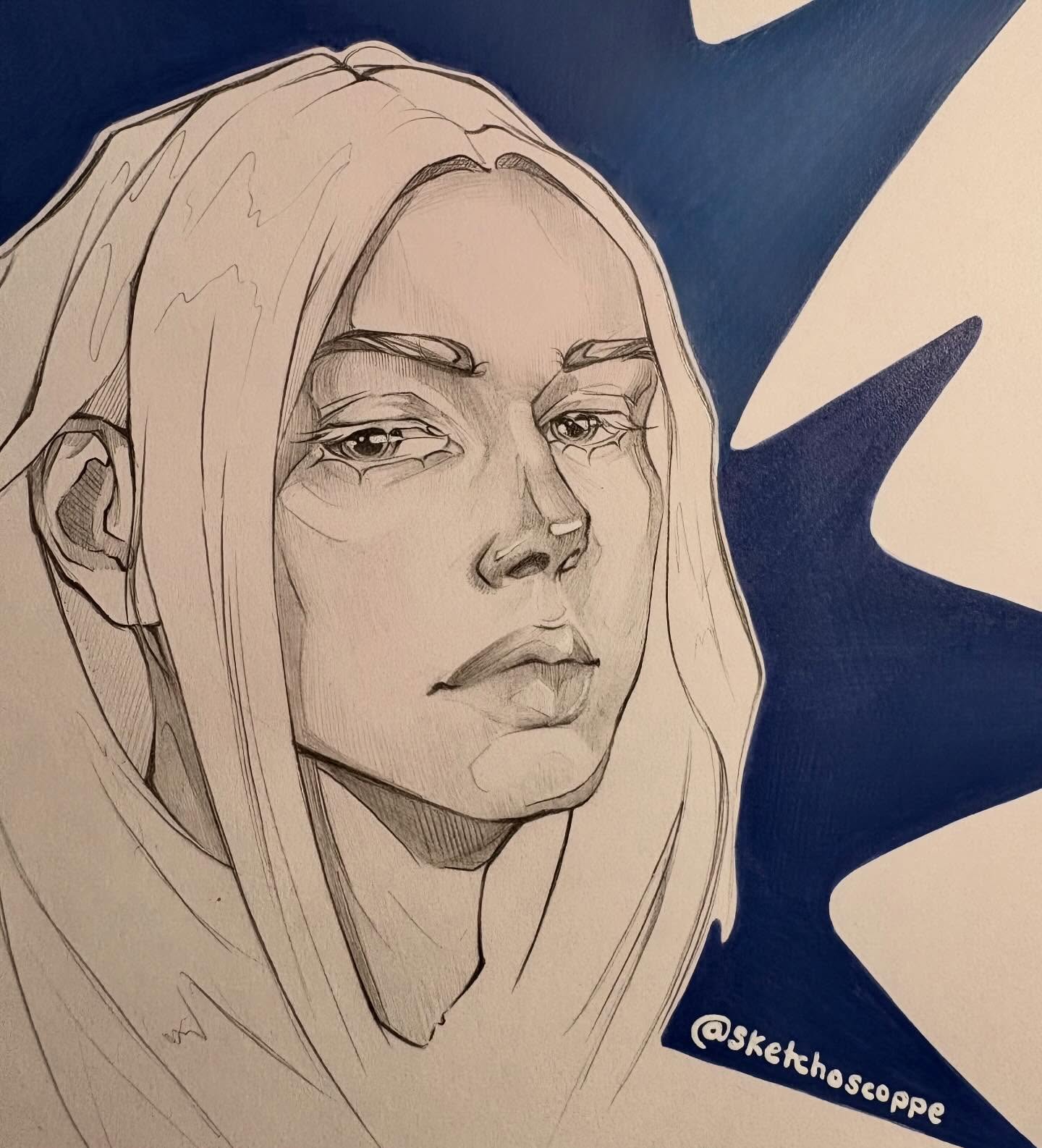 Ink portrait of a hooded figure against a navy background