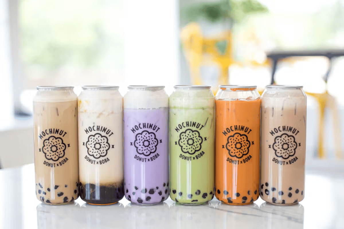 Mochinut Bubble Tea Collection featuring various flavors including classic milk tea, taro, matcha, and thai tea