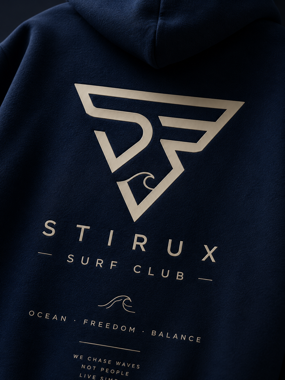 Stirux hoodie back — large gold foil logo on deep navy fleece