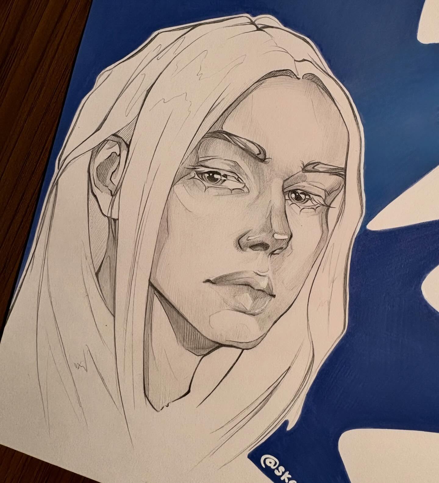 Pencil portrait with navy paint background