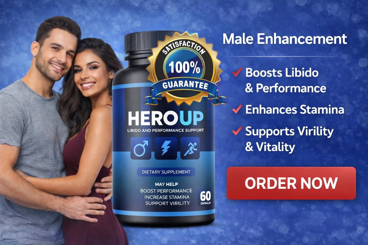 Hero Up bottle beside a couple with performance support benefits