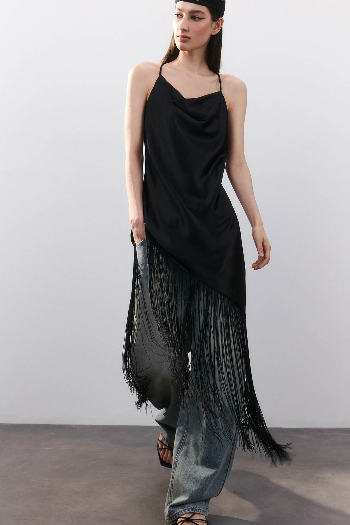 Befree — black fringed slip dress + wide-leg denim jeans