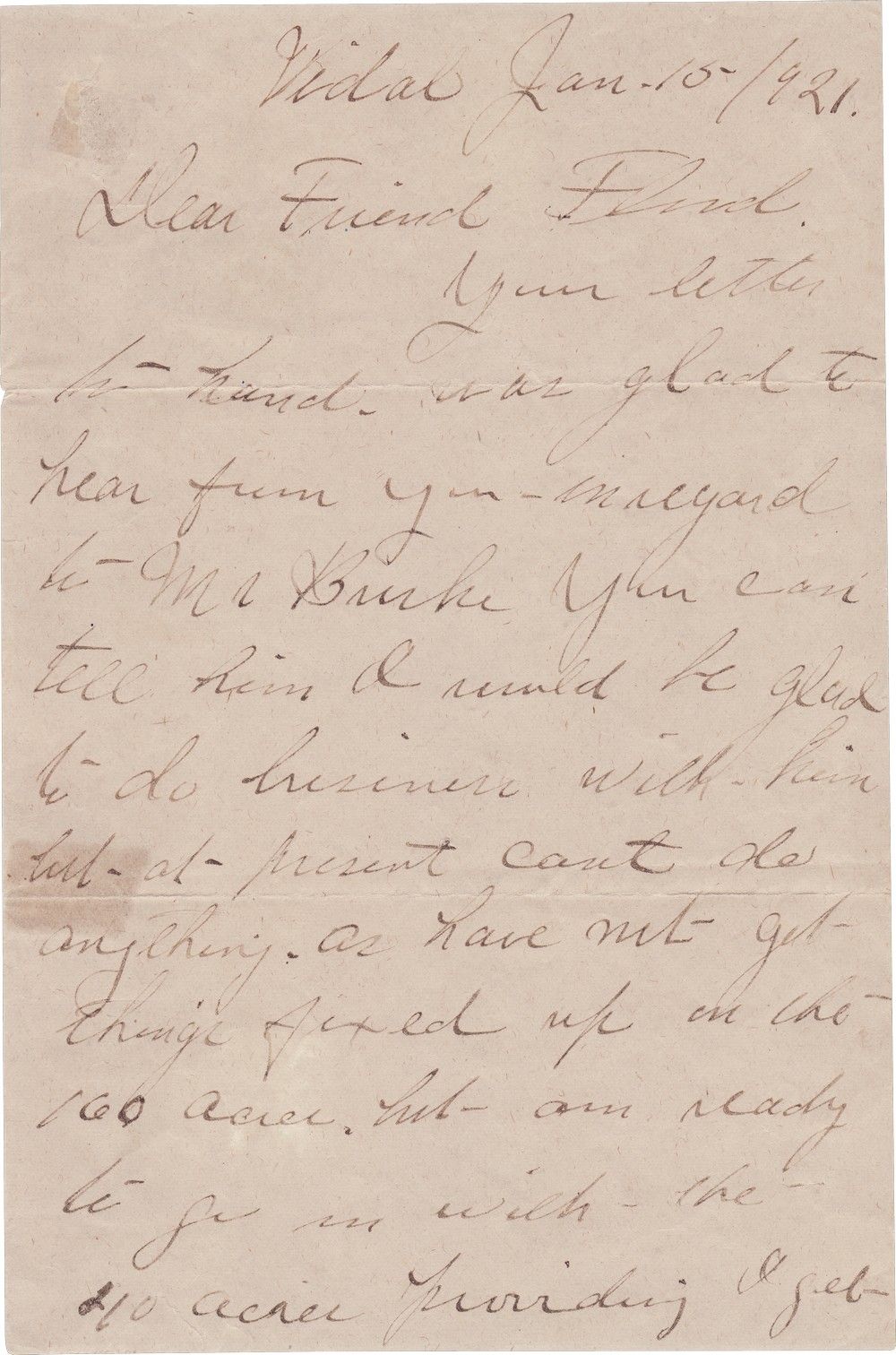 First page of Wyatt Earp’s January 15, 1921 letter from Vidal to John Flood, written in cursive on folded paper.
