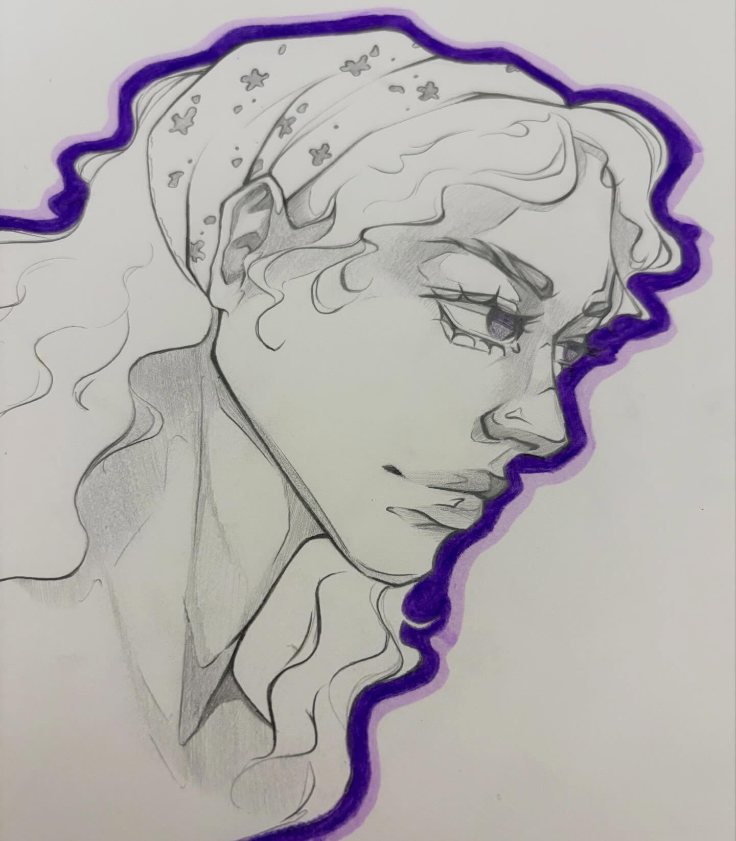 Pencil sketch with purple marker outline, downward gaze