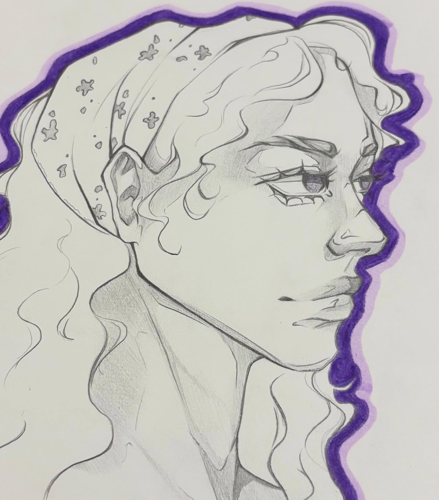 Pencil portrait with star bandana and purple outline