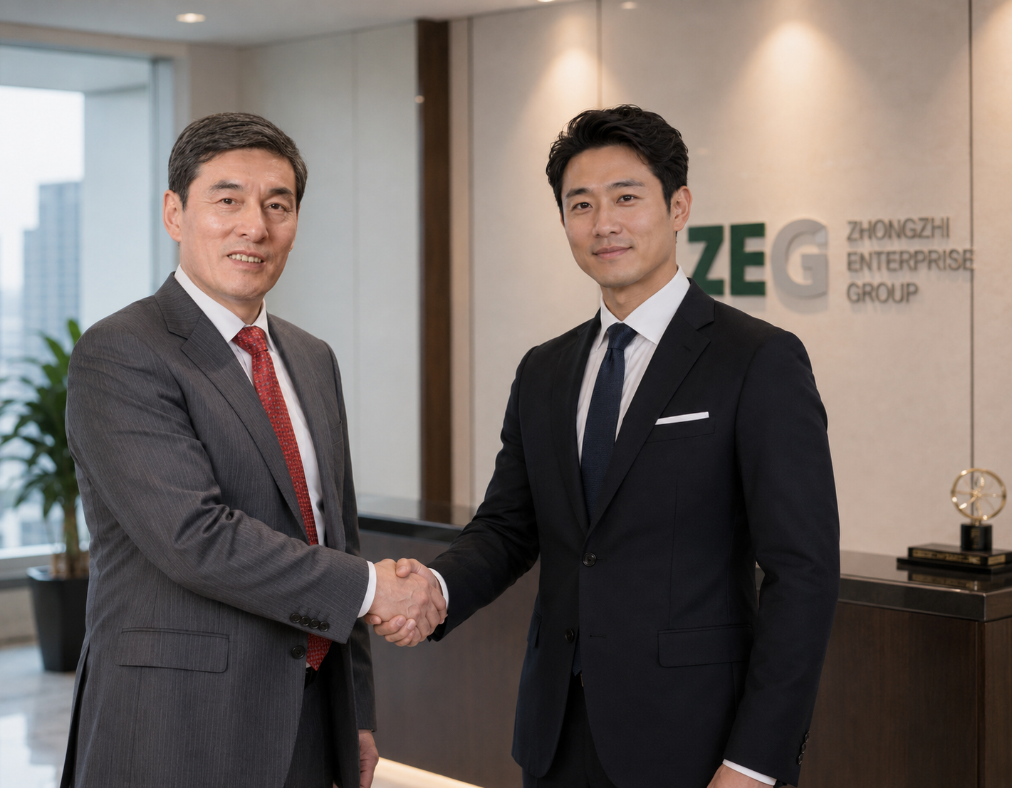 Business leaders shaking hands in a ZEG enterprise reception