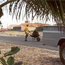 Mann schiebt Schubkarre auf Sandstraße