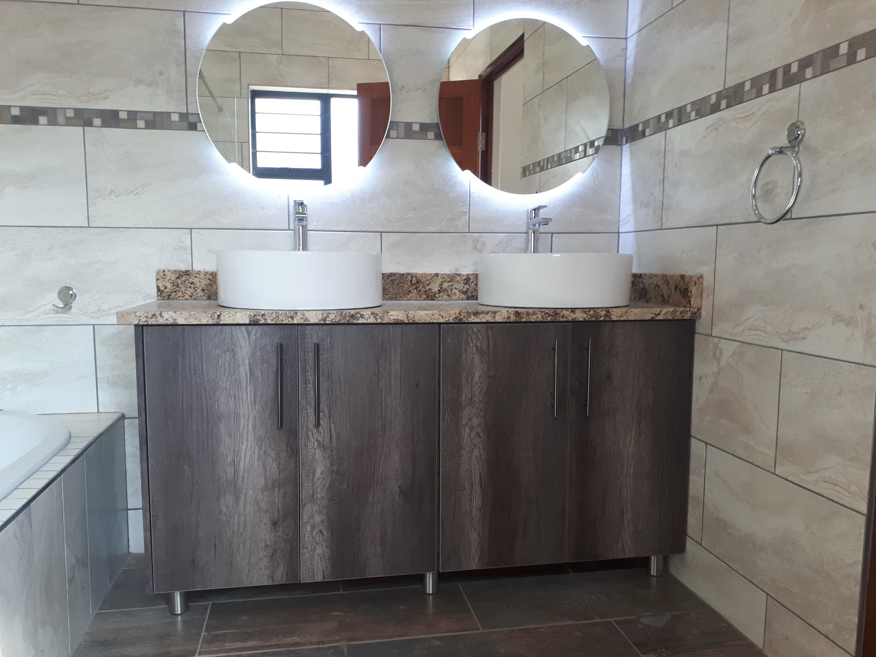 Dark Vanity with LED Round Mirrors