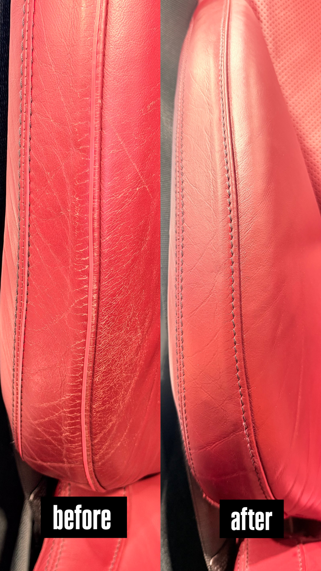 Red leather car seat side bolster with moderate cracking — example of medium-severity leather damage