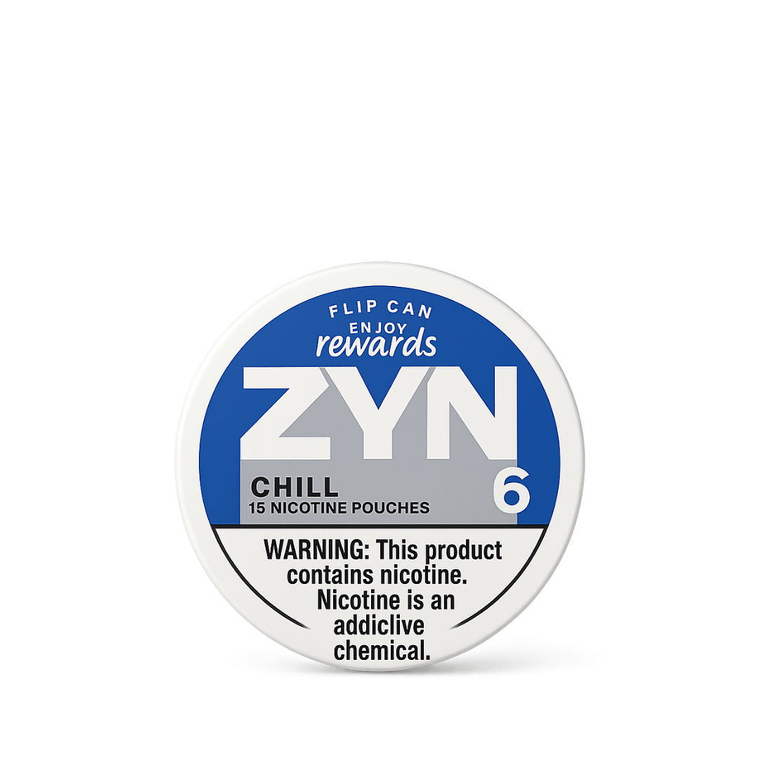 ZYN nicotine pouch tin in chill blue rendered top-down on white paper