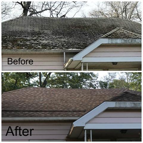 Before and after roof replacement comparison showing dramatic transformation