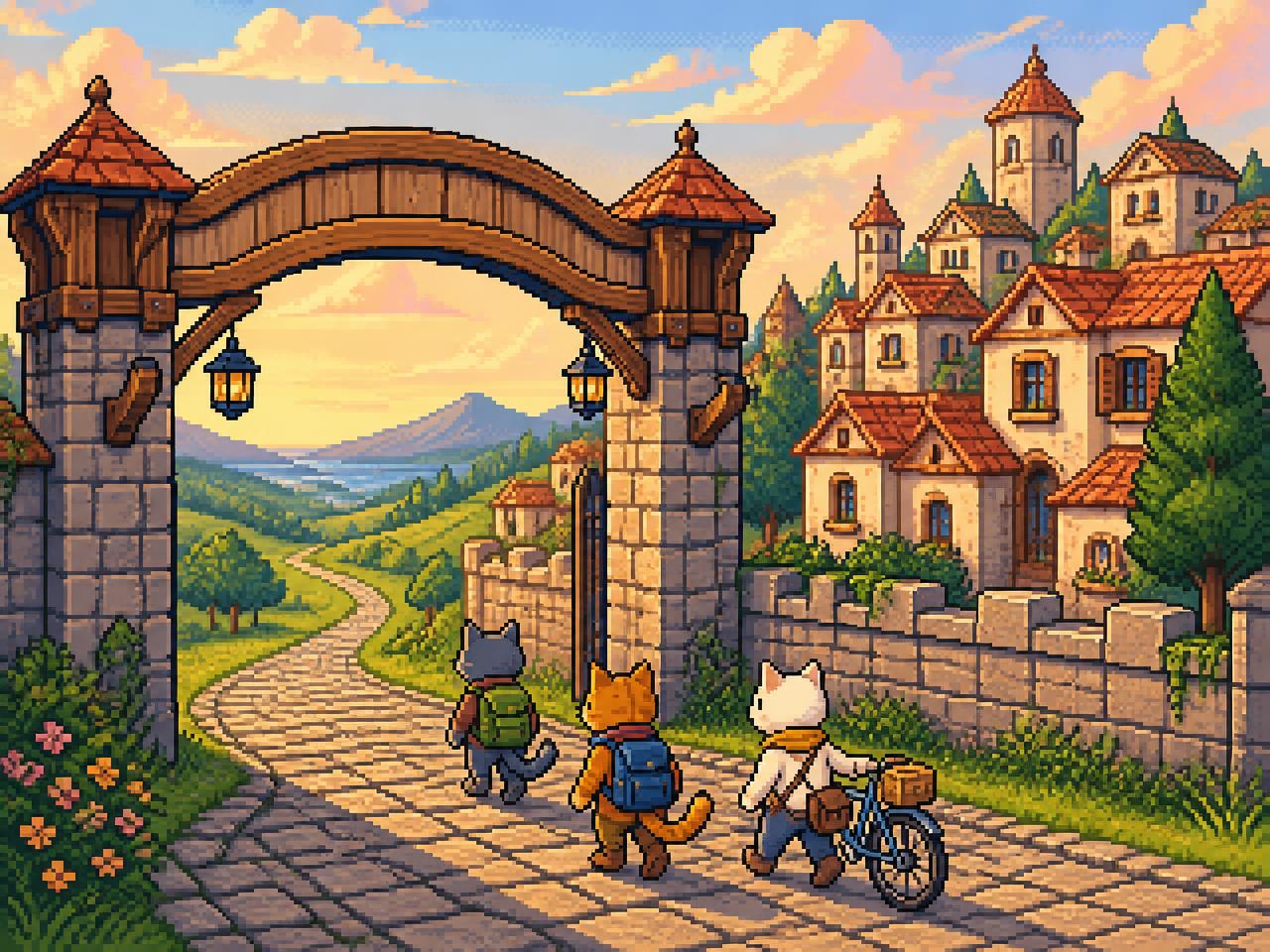 Three cats with backpacks and a bicycle walking through the archway gate into Catopia