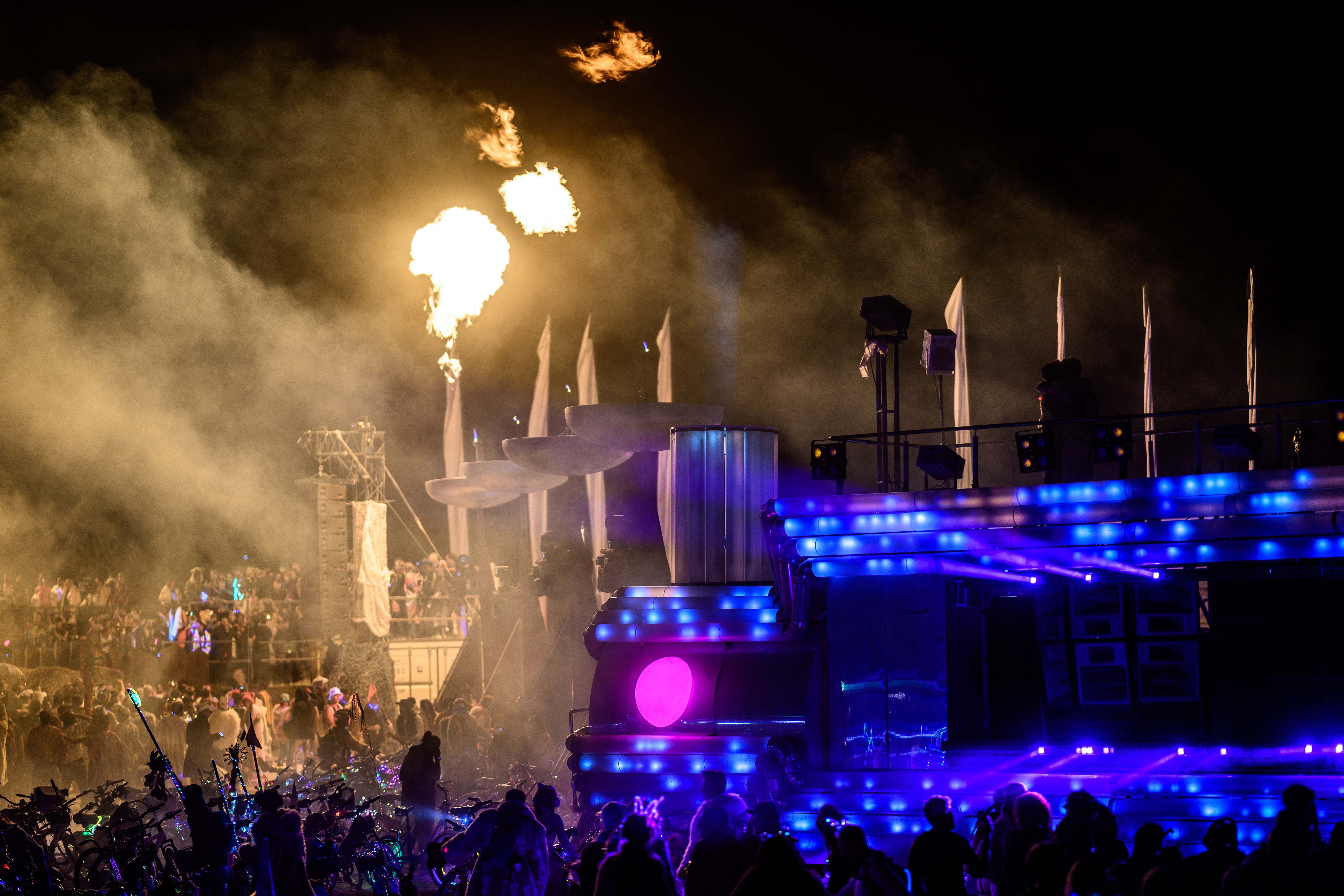 BiPolar Express art car and Singularity Tree at Burning Man