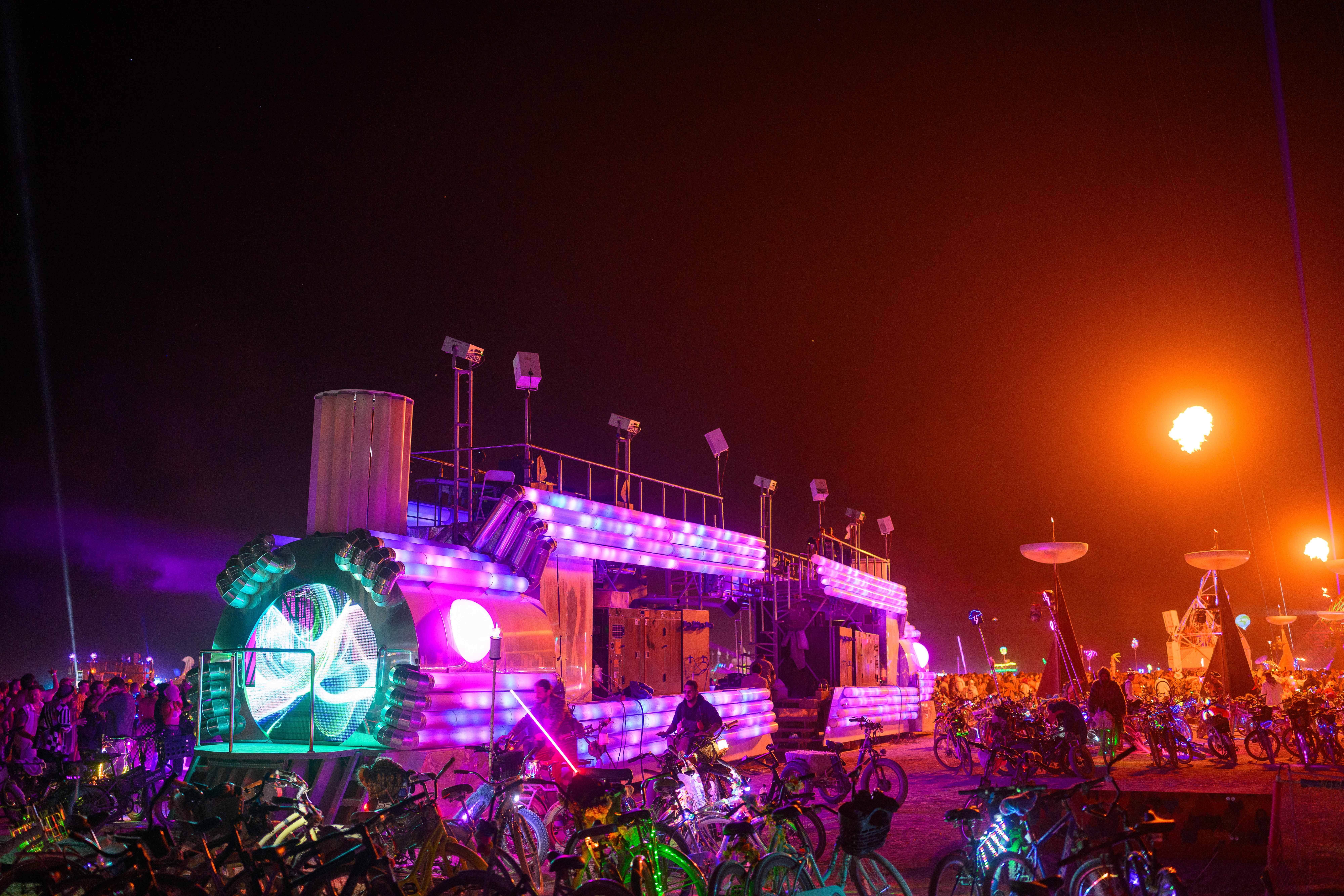BiPolar Express art car and Singularity Tree at Burning Man