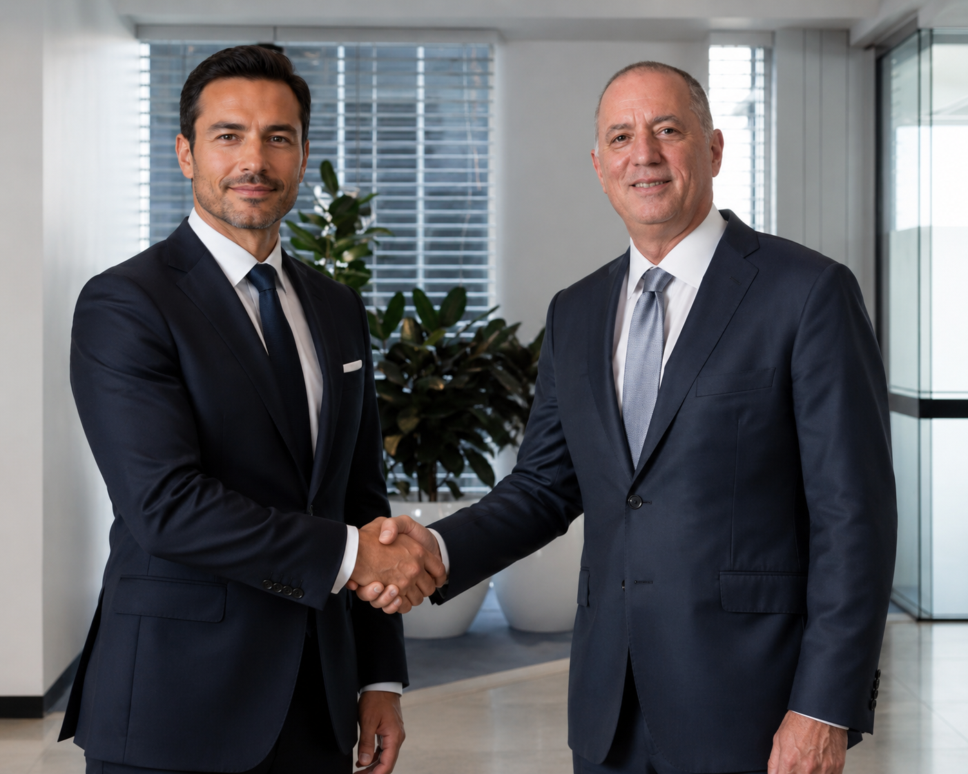 Two business leaders shaking hands in a bright office
