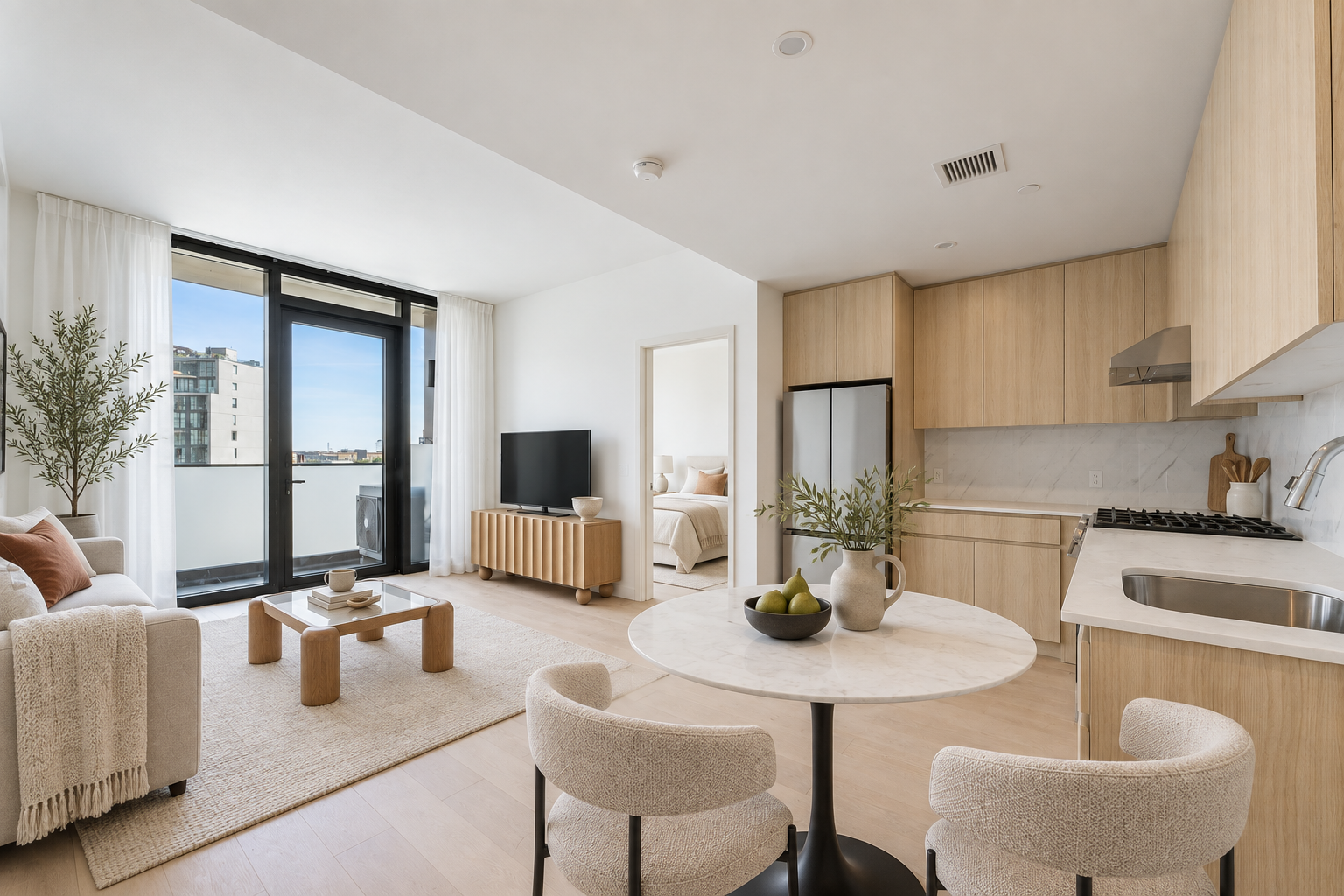 Living and dining space with an open kitchen at Urban21