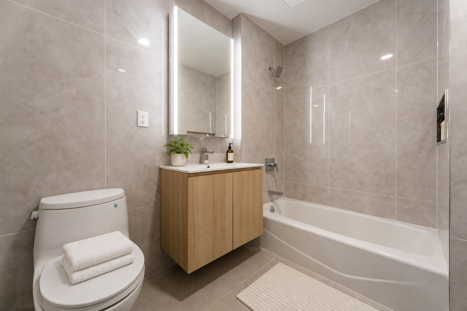 Bathroom with tiled walls, bathtub, and wood vanity at Urban21