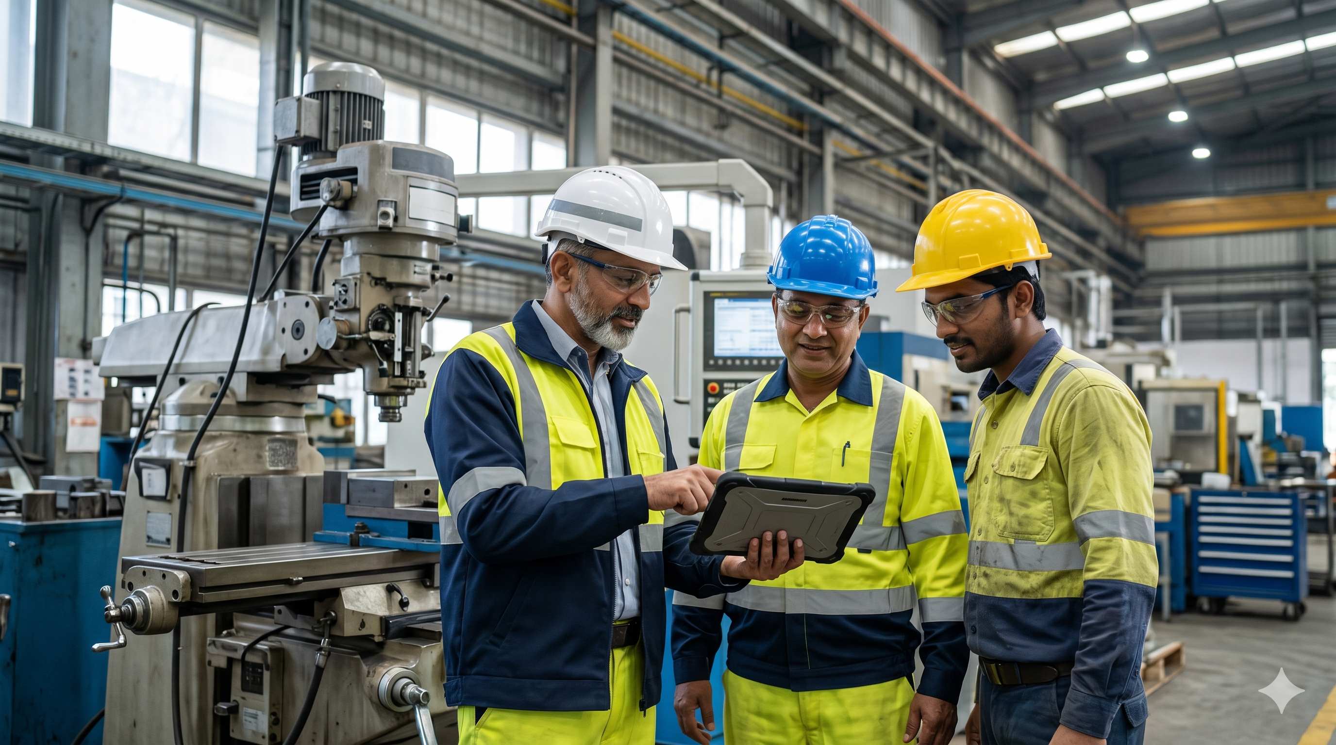 Plant walkthrough with maintenance team reviewing workflow on a tablet