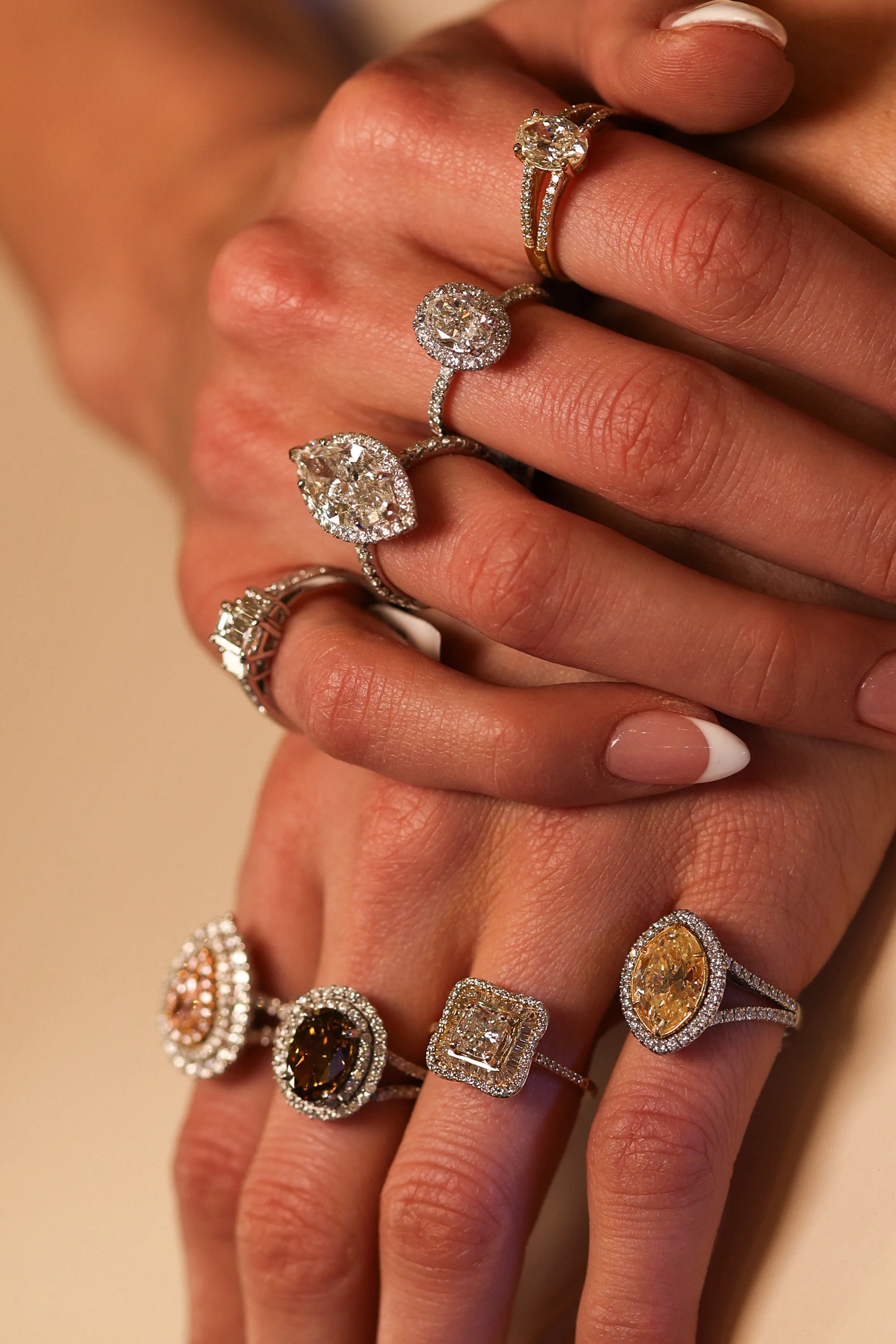 Artistic shot of multiple diamond rings