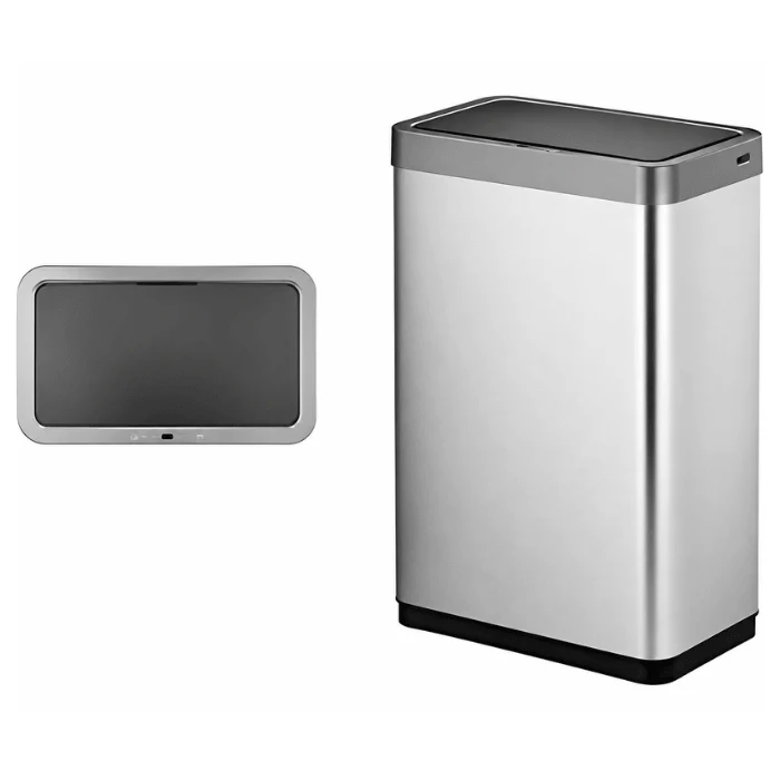 Lixeira de aço inox com a tampa touch removível ao lado