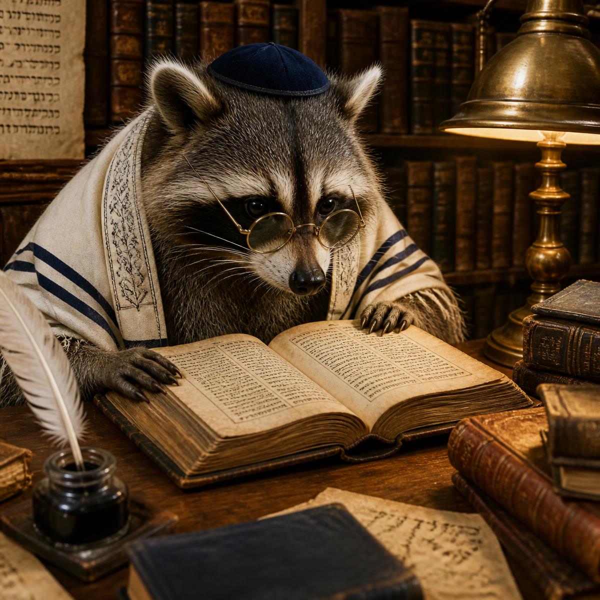 The Jewcoon studying ancient manuscript by lamplight