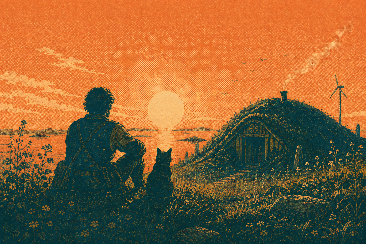 A person and cat looking over a renewable homestead at sunset