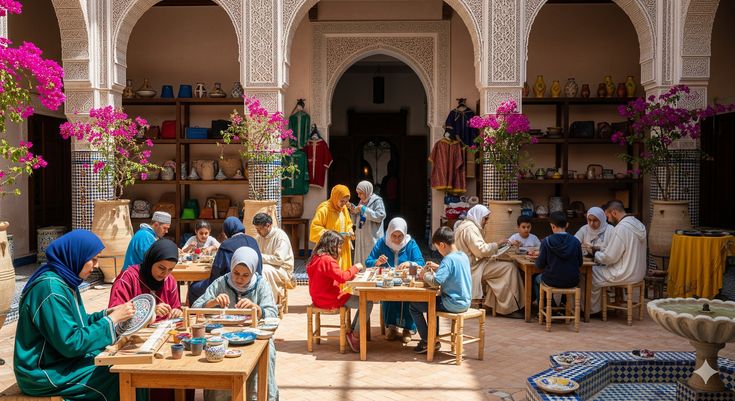 Traditional Moroccan riad with arched ceilings and locals in cooking class