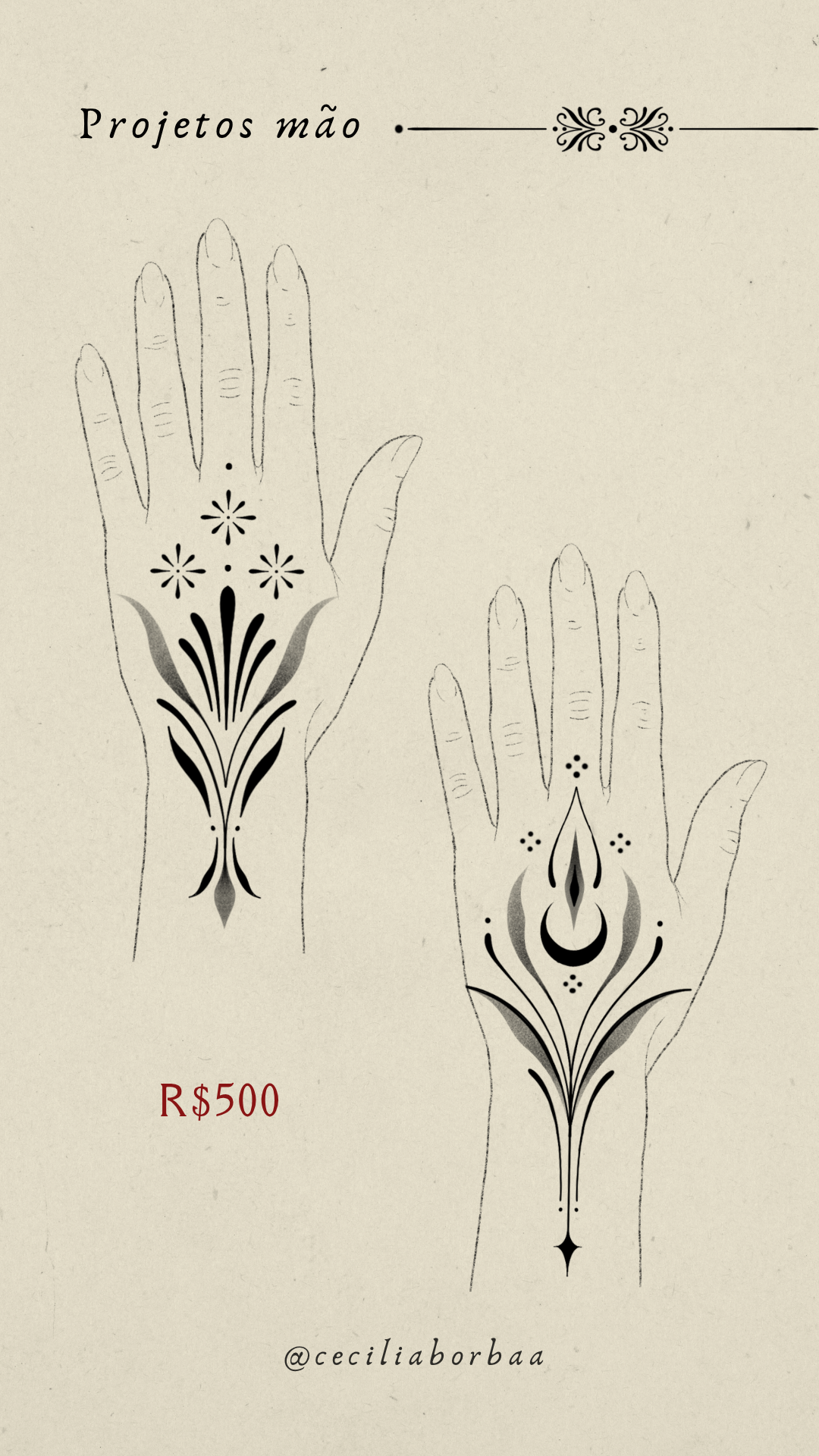 Dois projetos de dorso de mão: um com padrão floral com estrelas e outro com padrão de chama — Projetos para mão por Cecília Borba