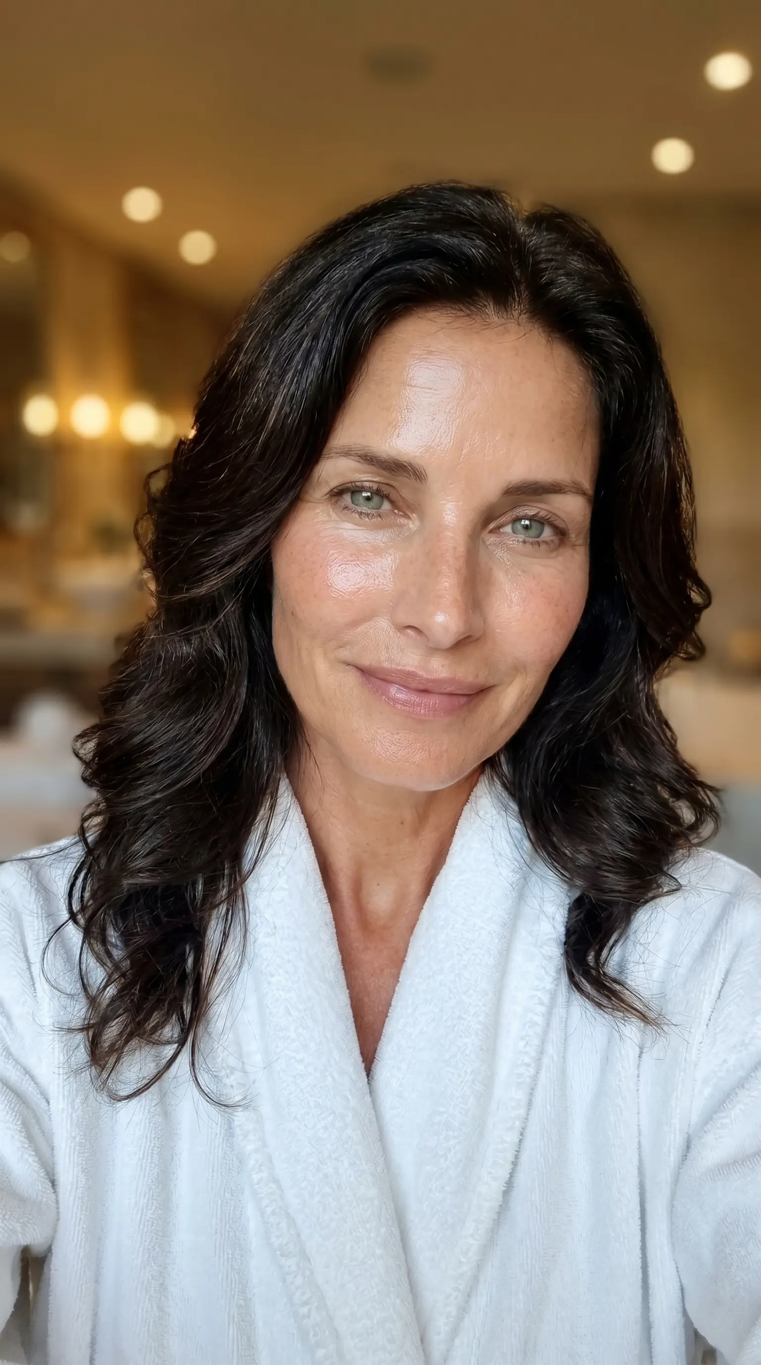 Client with radiant skin in spa robe